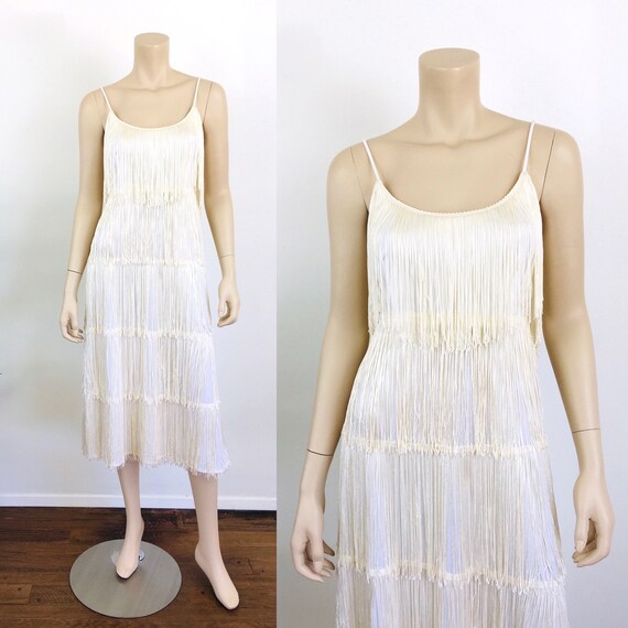 Vintage 1980s WHITE Tiered FRINGE Dress