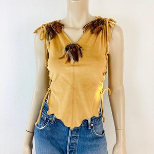 Vintage 1970s Faux DEERSKIN & FEATHER LACE up Sides Biker Hippie Top / Vegan Deerhide