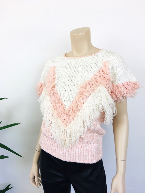 Vintage 1980s BLUSH PINK Chevron FRINGE Sweater T… - image 4