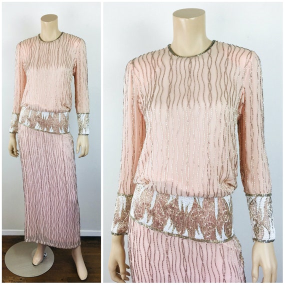 Vintage 1980s Pale PEACH SILVER BEADED Black Tie … - image 1