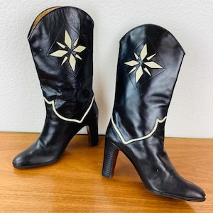Vintage 1980s BLACK LEATHER High Heel Boots / Shoes Size 6