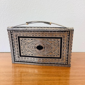 Vintage 1970s BLACK & SILVER METALLIC Embossed Top Handle Clutch Bag / Purse