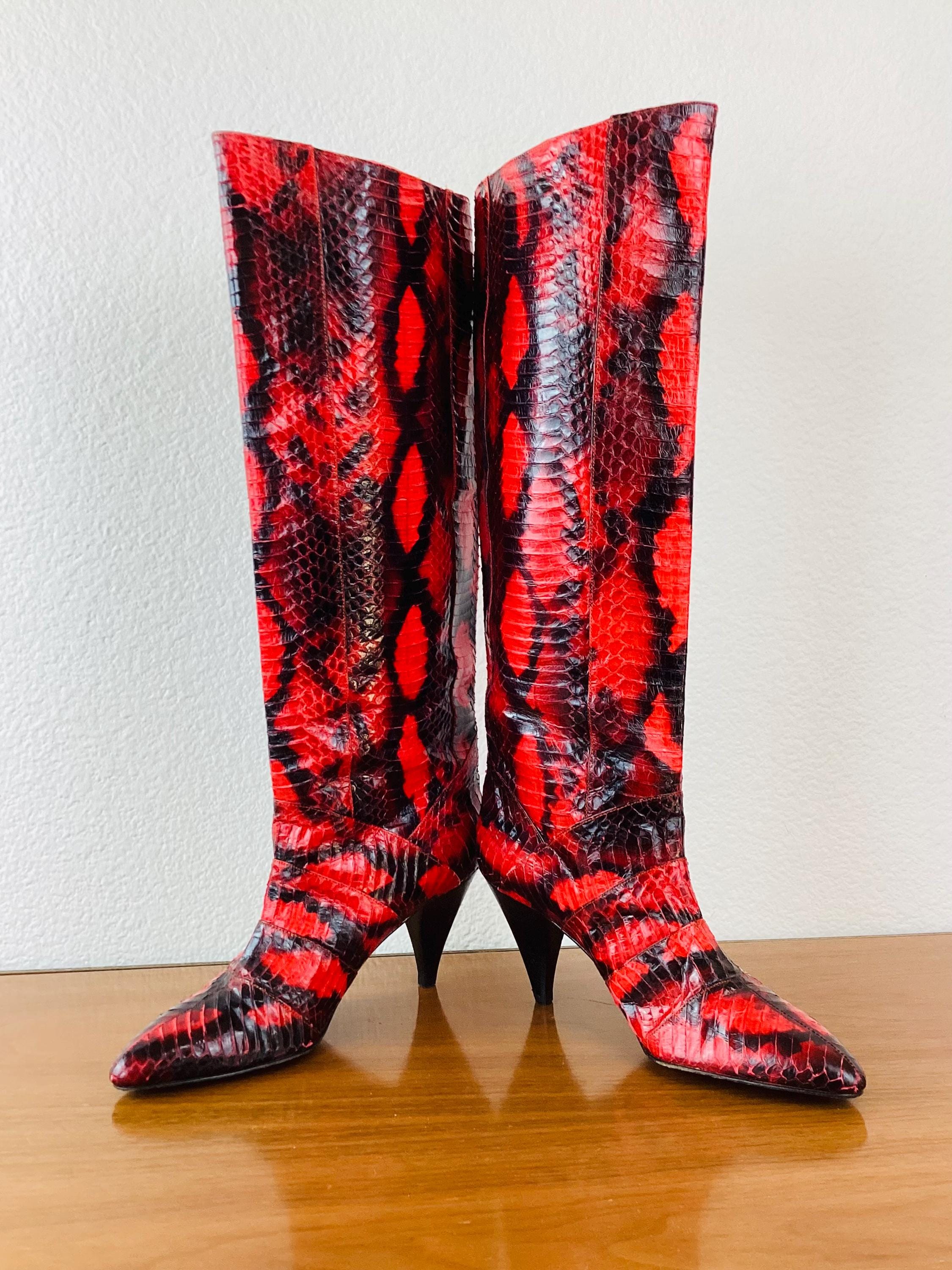 Knee Red And Black Snakeskin Boots Vintage 1980s RED BLACK