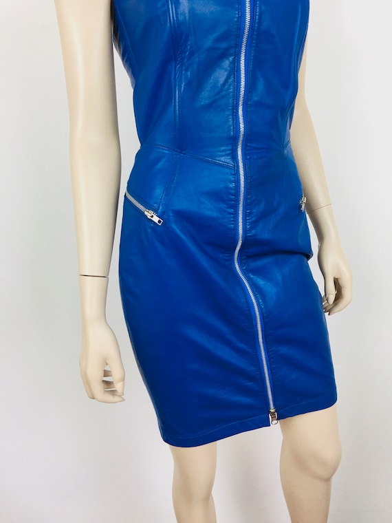 Vintage 1980s ELECTRIC BLUE LEATHER Strapless Bus… - image 7