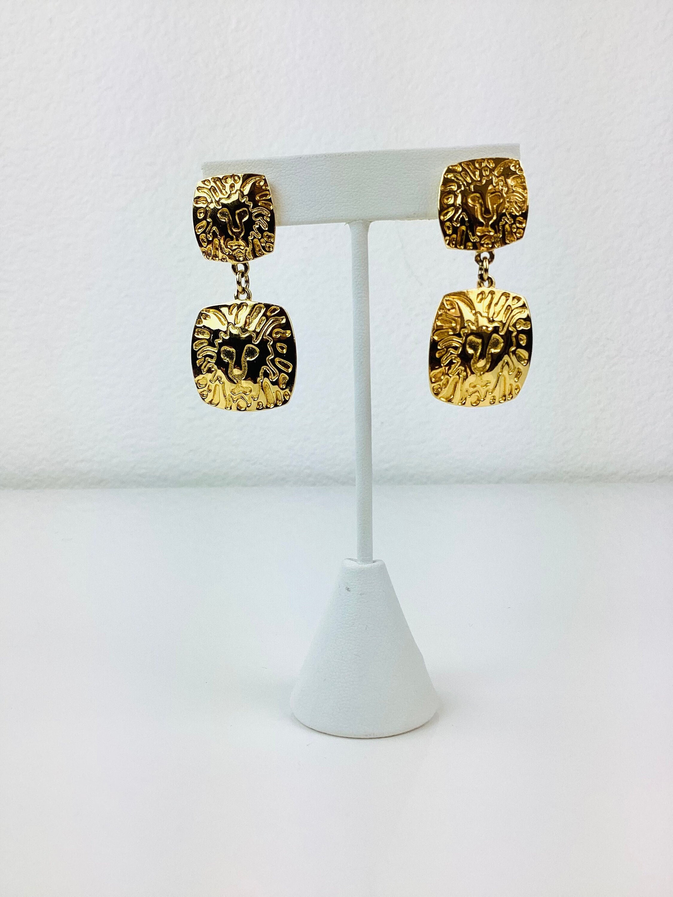 Vintage 1990s ANNE KLEIN Gold LION'S Head Dangling Earrings