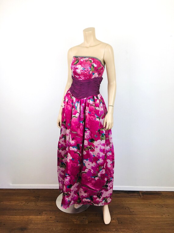 Vintage 1980s STRAPLESS PINK Silk FLORAL Dress & … - image 4