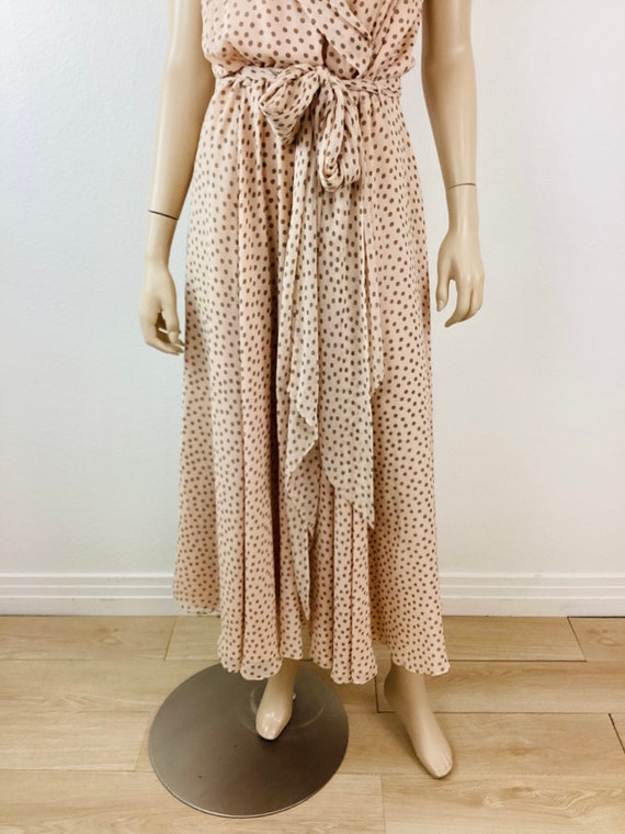 Vintage 1990s PALE PEACH POLKA Dot Summer Silk Dr… - image 4