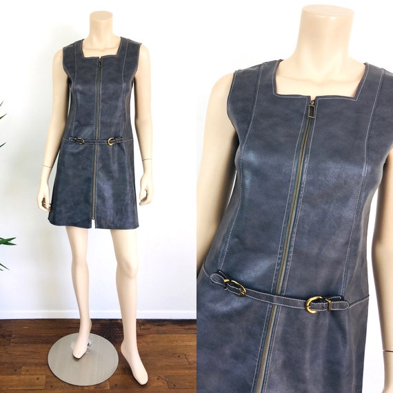 Vintage 1960s GREY VINYL Belted ZIPPER Front Mini
