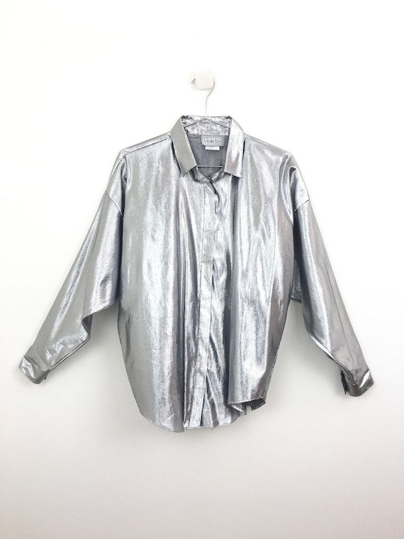 Vintage 1980s SILVER METALLIC Lurex Blouse / Top