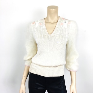 Vintage 1980s WHITE Knit & ANGORA EMBELLISHED Pearl Beaded Embroidered Floral Beaded Sweater / Top