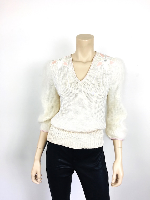 Vintage 1980s WHITE Knit ANGORA EMBELLISHED Pearl Beaded - Main Image
