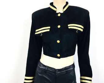Vintage 1980s BLACK & GOLD METALLIC Suede Leather Military Style Cropped Jacket