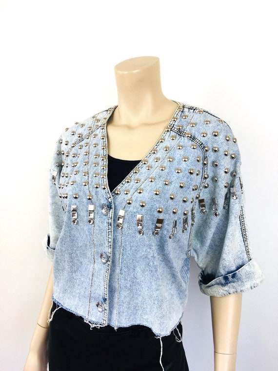 Vintage 1980s STUDDED ACID WASH Cropped Denim Emb… - image 5