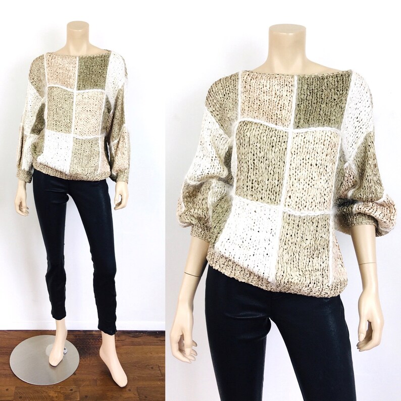 Vintage 1980s CROCHET RIBBON & ANGORA Color Block Taupe Slouchy Sweater Top image 1