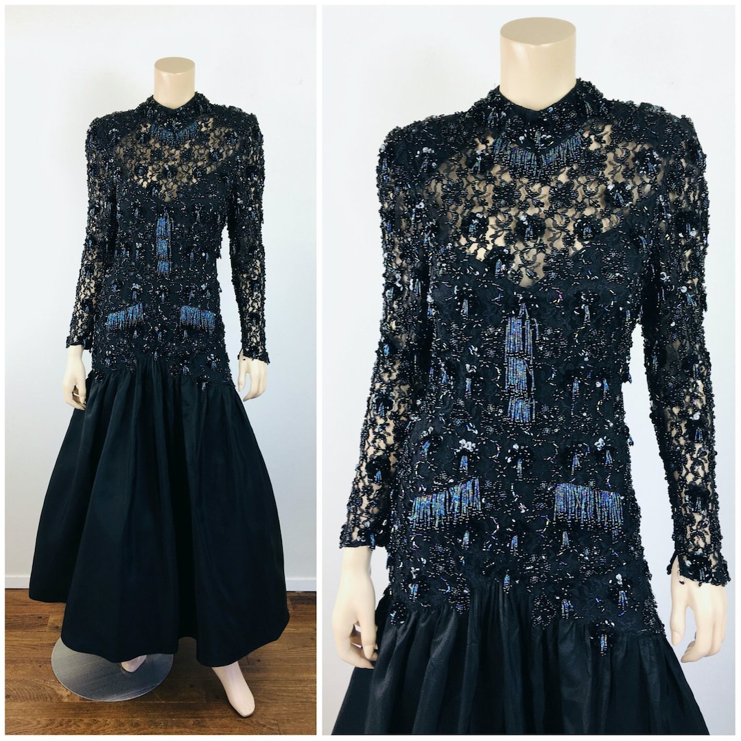 vintage-1980s-black-beaded-lace-mermaid-pouf-skirt-black-tie-evening