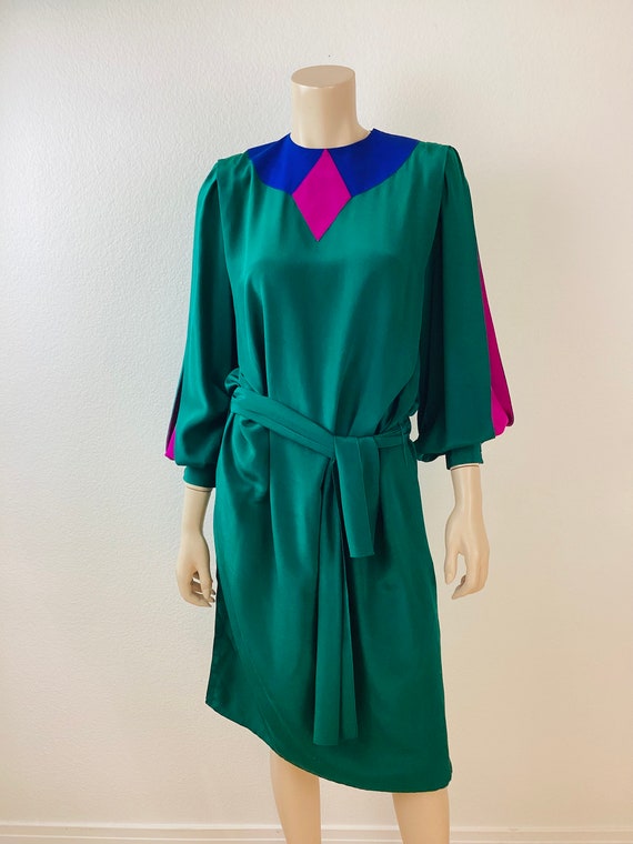 Vintage 1980s GREEN JEWEL Tone SILK Fuchsia Inver… - image 4