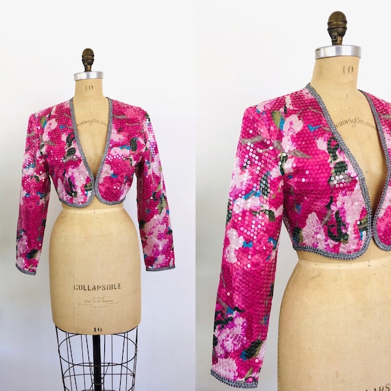 Vintage 1980s SEQUIN PINK Silk FLORAL Cropped Bole