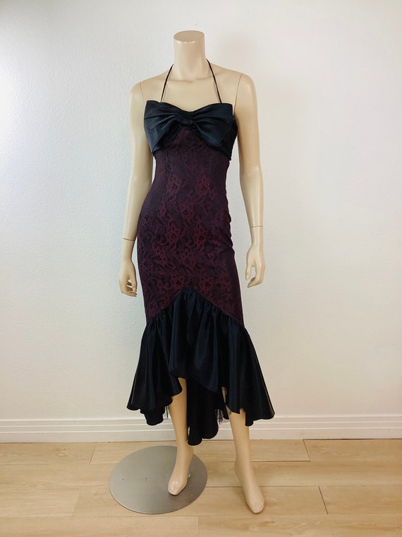 Vintage 1980s BLACK LACE & SATIN Mermaid Hi Lo Pa… - image 2