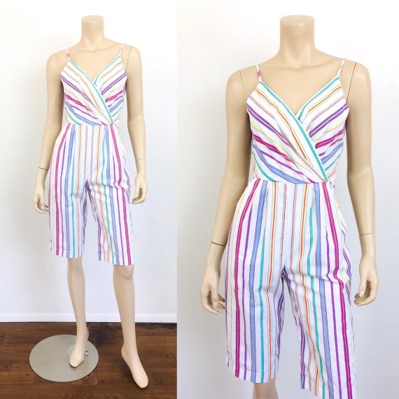 Vintage 1980s COLORFUL CANDY STRIPE Cotton Romper 