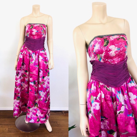 Vintage 1980s Sequin STRAPLESS PINK Silk FLORAL Li