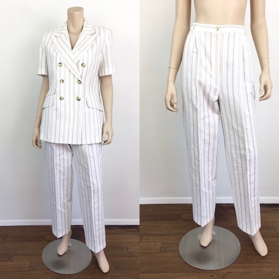 Vintage 1980s DOUBLE BREASTED White & Tan LINEN St
