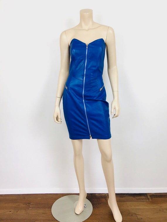 Vintage 1980s ELECTRIC BLUE LEATHER Strapless Bus… - image 2