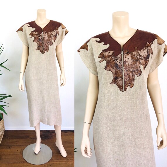 Vintage 1980s LEATHER & LINEN Sac Dress