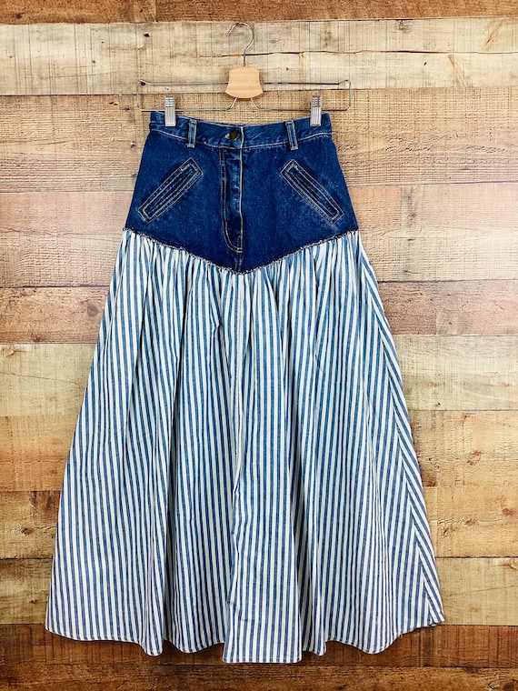 Vintage 1980s DENIM & STRIPED COTTON Skirt
