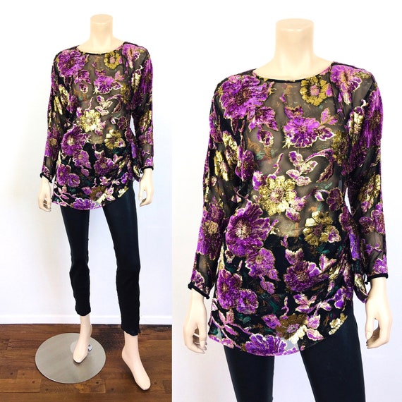 Vintage 1980s BURNOUT Silk VELVET & Gold METALLIC