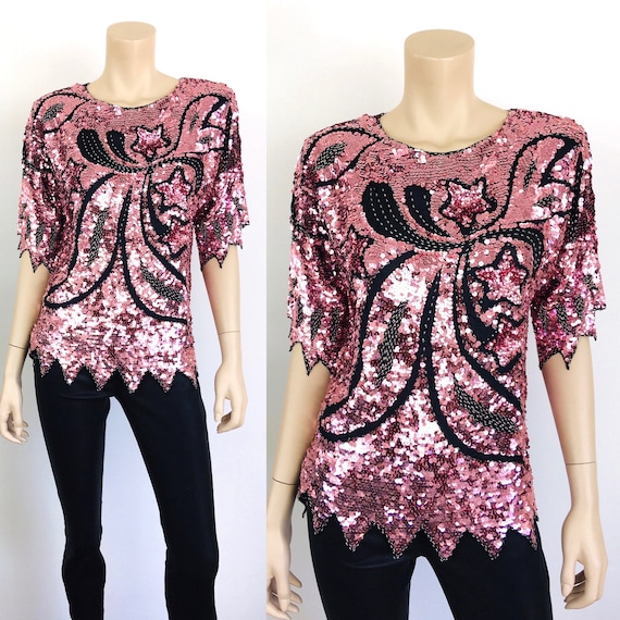 Vintage 1980s PINK METALLIC Star & Bow SEQUINED Be