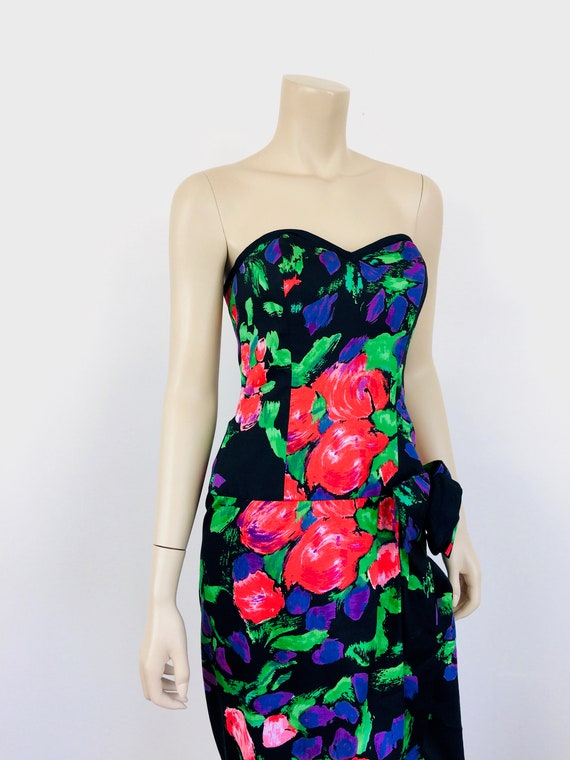 Vintage 1980s COLORFUL Black FLORAL Print Straple… - image 6