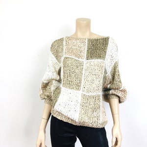 Vintage 1980s CROCHET RIBBON & ANGORA Color Block Taupe Slouchy Sweater Top image 7