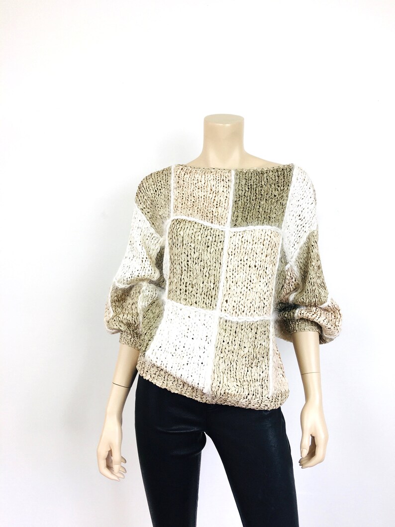 Vintage 1980s CROCHET RIBBON & ANGORA Color Block Taupe Slouchy Sweater Top image 7