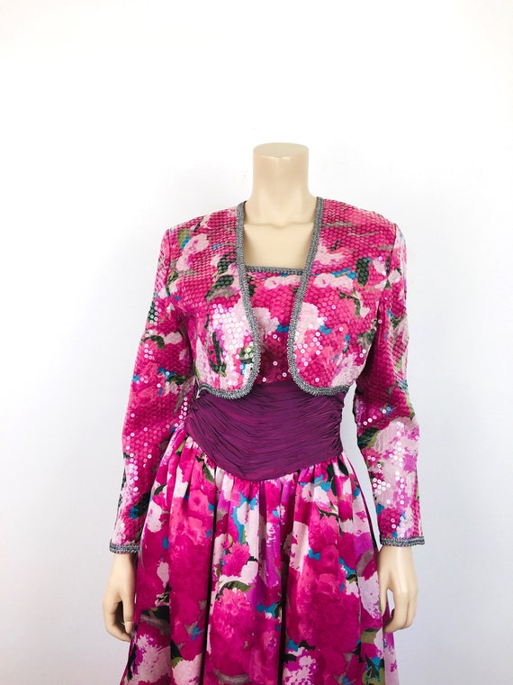 Vintage 1980s STRAPLESS PINK Silk FLORAL Dress & … - image 6