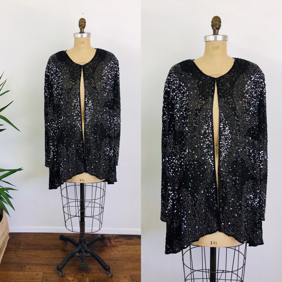 Vintage 1980s METALLIC SILVER & BLACK Beaded Blous