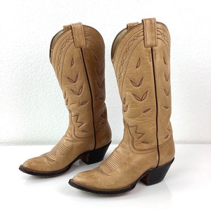 Vintage 1980s TAN FLORAL EMBROIDERED Laramie Leather Tall Cowboy / Cowgirl Western Boots