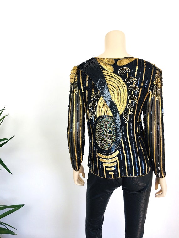 Vintage 1980s ART DECO Style SEQUIN Beaded Gold M… - image 5