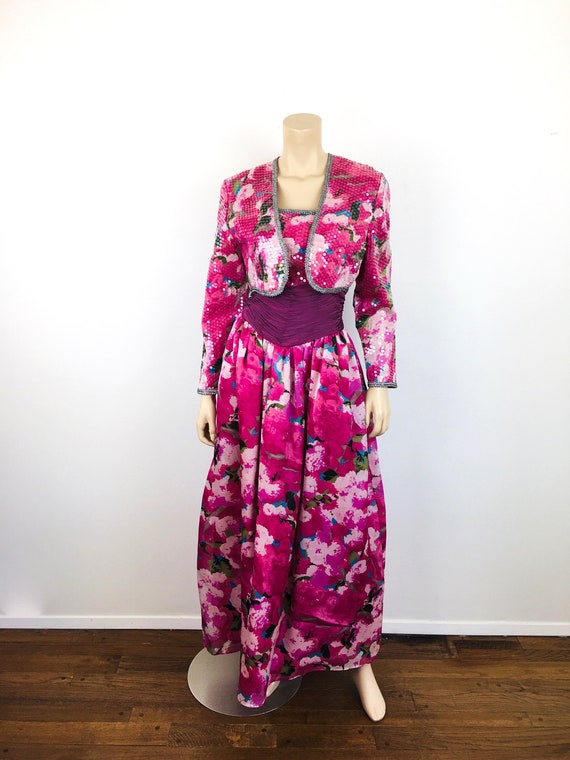Vintage 1980s STRAPLESS PINK Silk FLORAL Dress & … - image 7