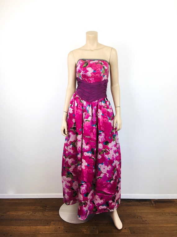 Vintage 1980s STRAPLESS PINK Silk FLORAL Dress & … - image 3