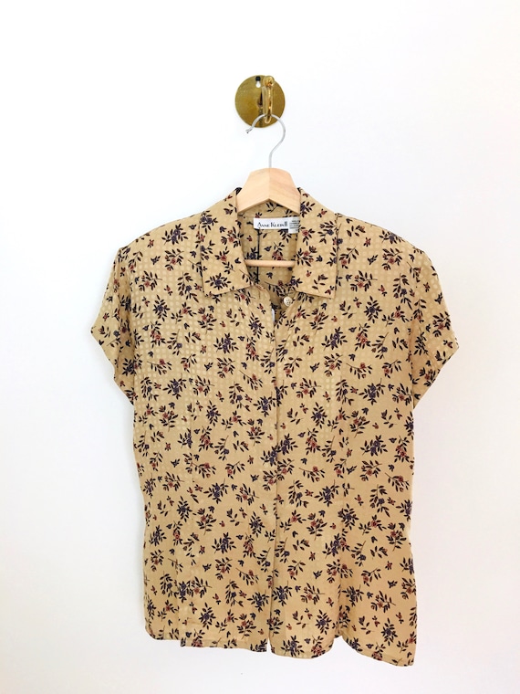 Vintage 1980s 1990s ANNE KLEIN SILK Tan Floral Pri