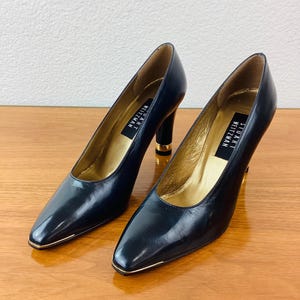 Vintage 1980s STUART WEITZMAN Black LEATHER & Gold High Heel Shoes / Heels Sz 7.5 / New In Box