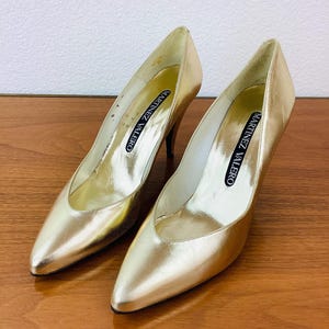 Vintage 1980s GOLD METALLIC LEATHER High Heel Shoes Sz 7 / New