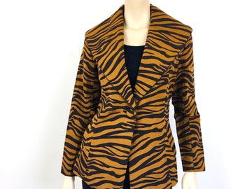 Vintage 1990s ZEBRA Stripe ANIMAL PRINT Brown Shawl Collar Belted Jacket