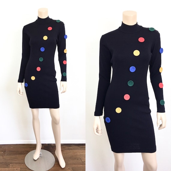 Vintage 1980s COLORFUL BUTTON Black BODY Con Wool