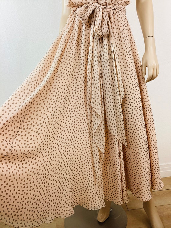 Vintage 1990s PALE PEACH POLKA Dot Summer Silk Dr… - image 5