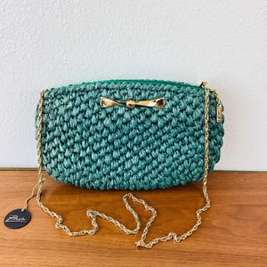 Vintage 1990s GREEN WOVEN STRAW Type Rodo Clutch / Shoulder Bag / Purse