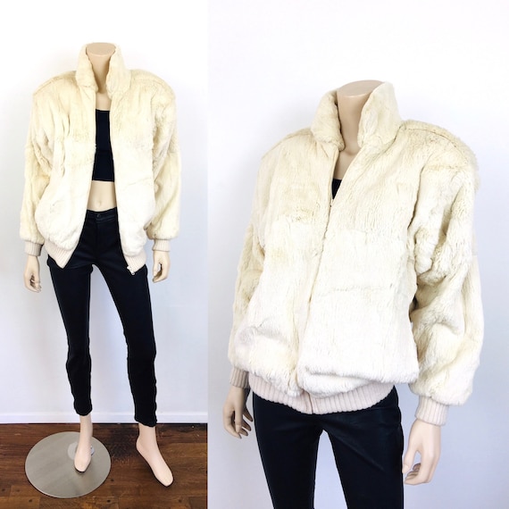 Vintage 1980s Cream RABBIT FUR BOMBER Jacket Loose