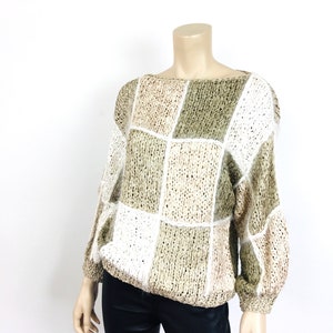 Vintage 1980s CROCHET RIBBON & ANGORA Color Block Taupe Slouchy Sweater Top image 3