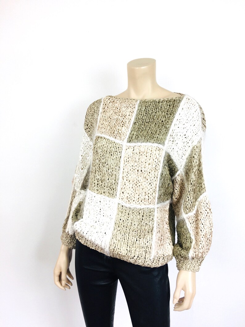 Vintage 1980s CROCHET RIBBON & ANGORA Color Block Taupe Slouchy Sweater Top image 3