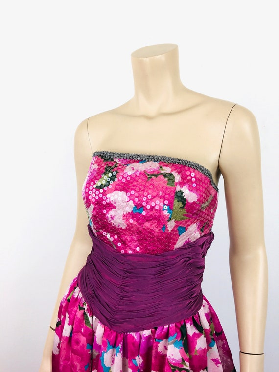 Vintage 1980s STRAPLESS PINK Silk FLORAL Dress & … - image 5